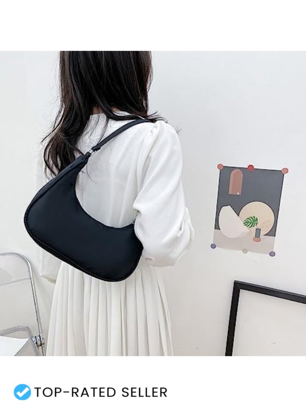 Vintage Y2K Style Shoulder Bag, Nylon Sling Purse with Fluffy Pom Pom Keychain - Picture 2 of 6